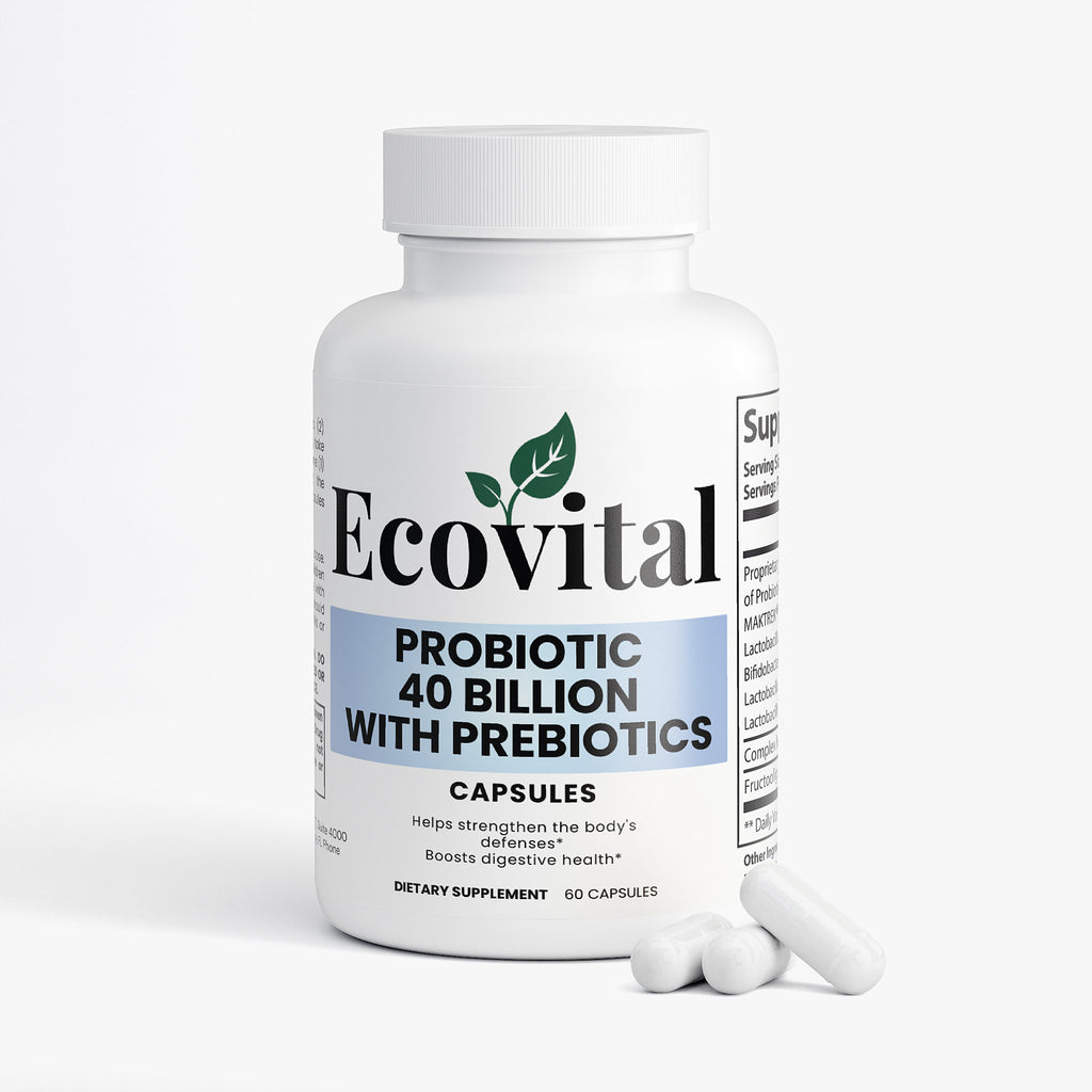 Ecovital probiotic supplement bottle with capsules on a white background