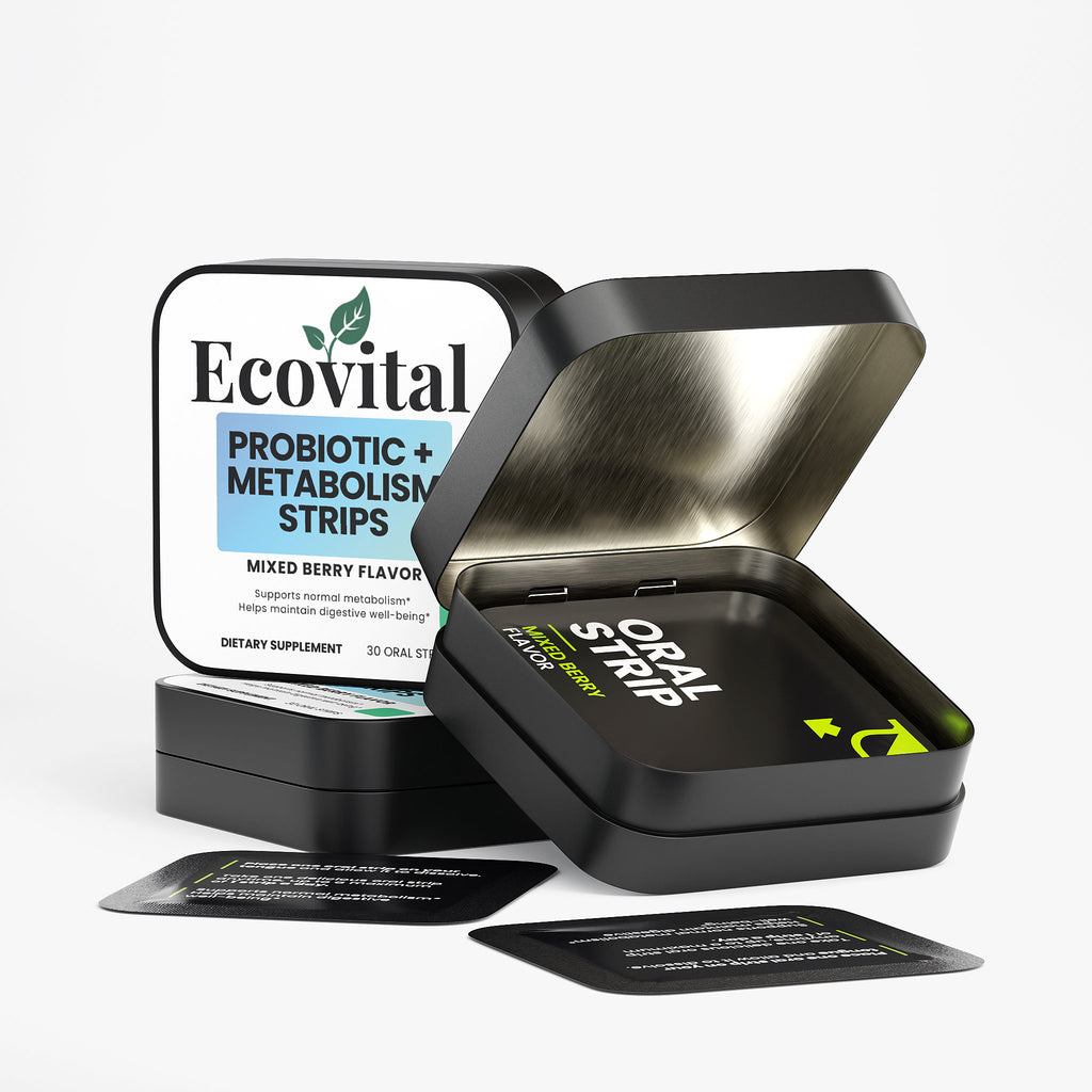 Black container with 'Ecovital' probiotic and metabolism strips on a white background