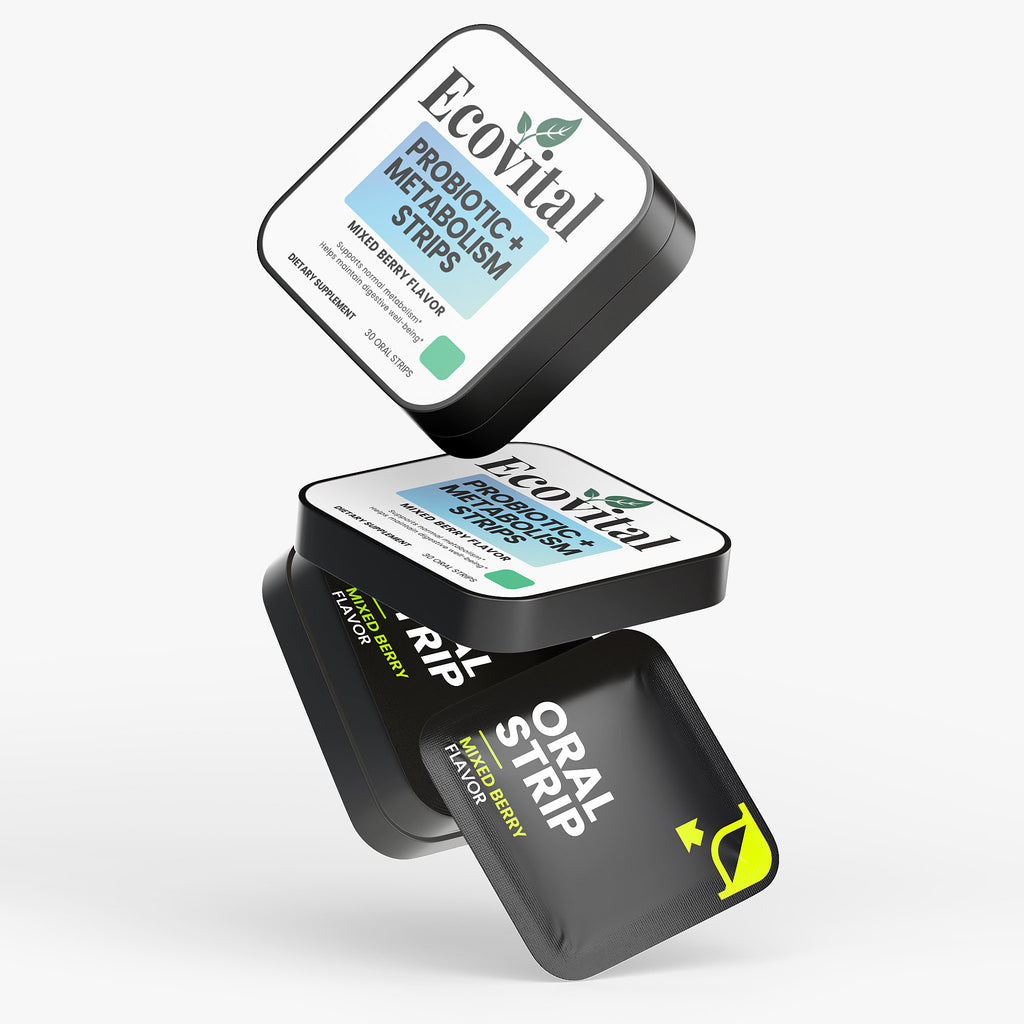 Two Ecovital oral strip containers on a white background