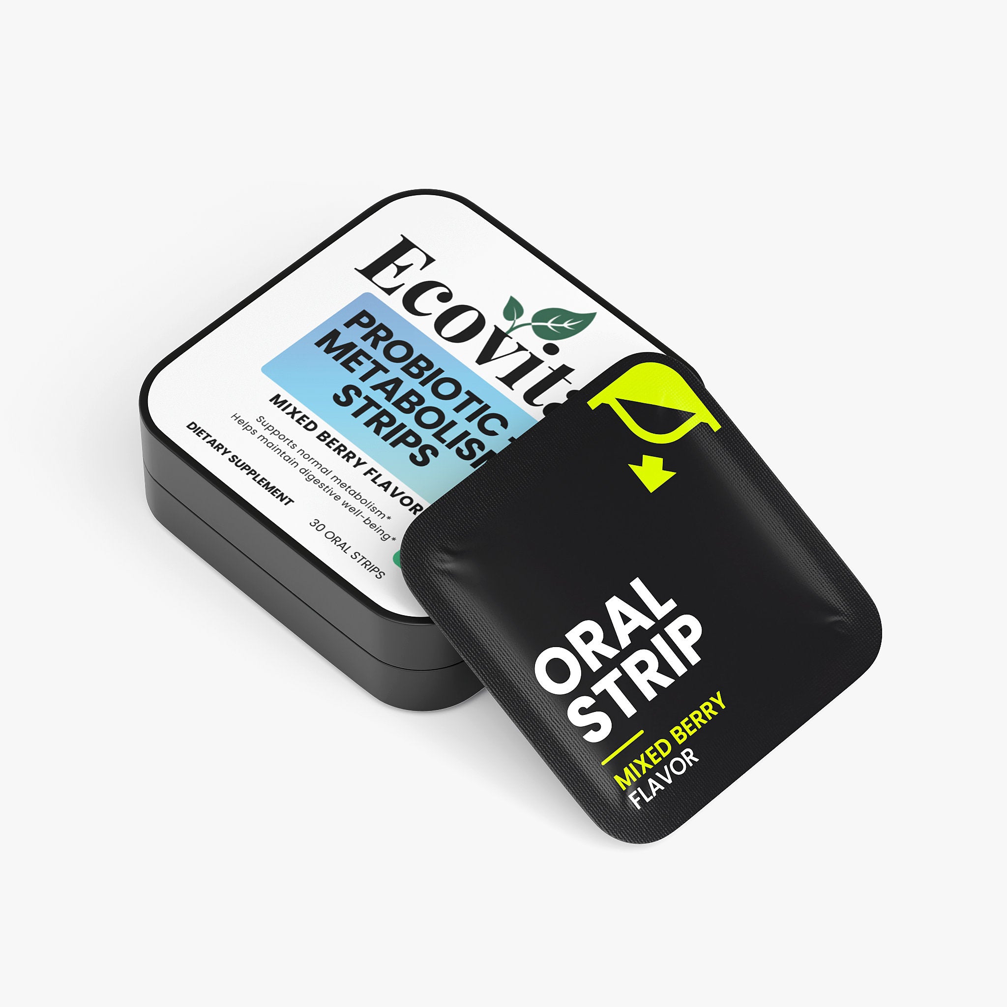 Ecovit probiotic metabolic strips packaging on a white background