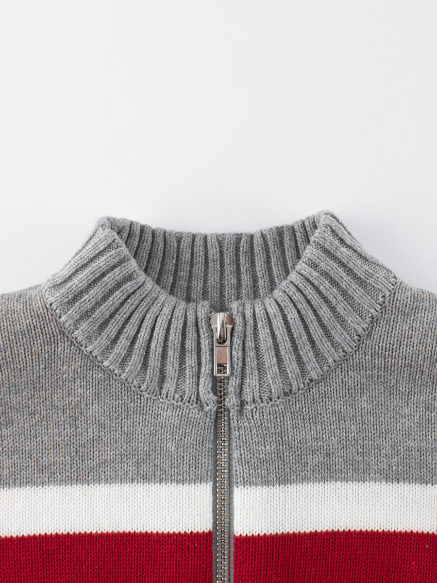 Spring European and American Style Boys’ Outerwear: Striped Long Sleeves Single Breasted Knitted Coat for Children-4