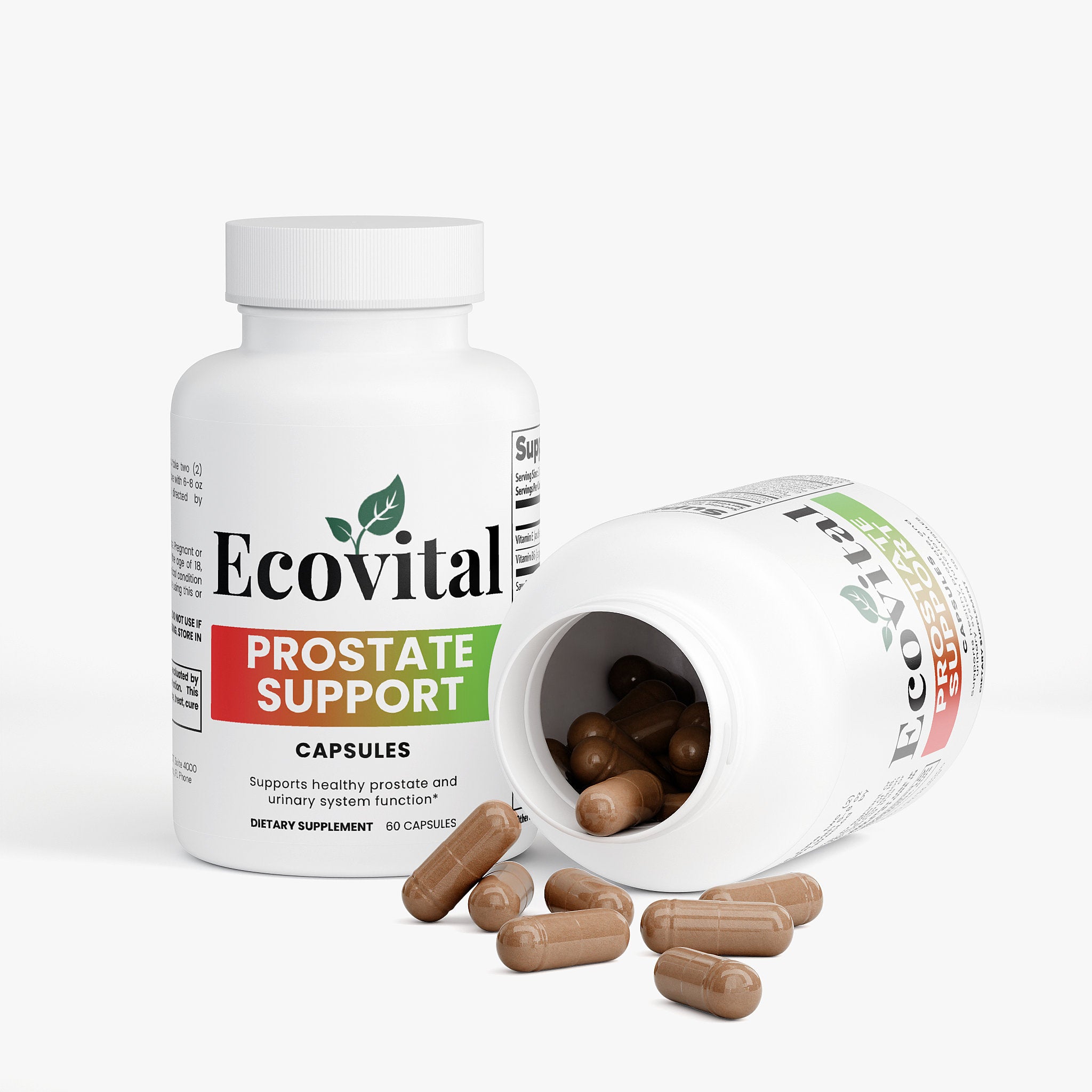 Ecovital Prostate Support capsules with open bottle on a white background
