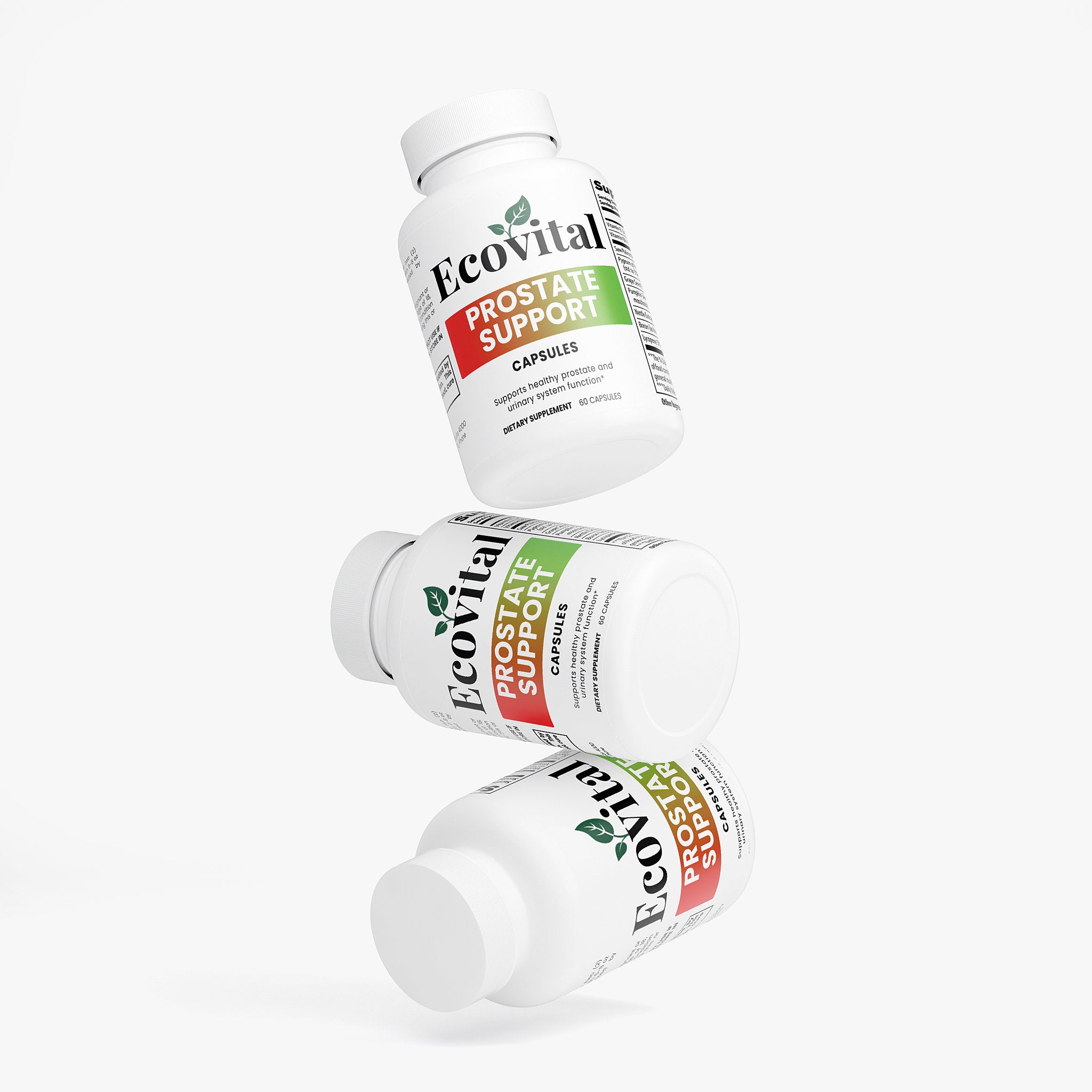 Three bottles of Ecovital Prostate Support capsules on a white background