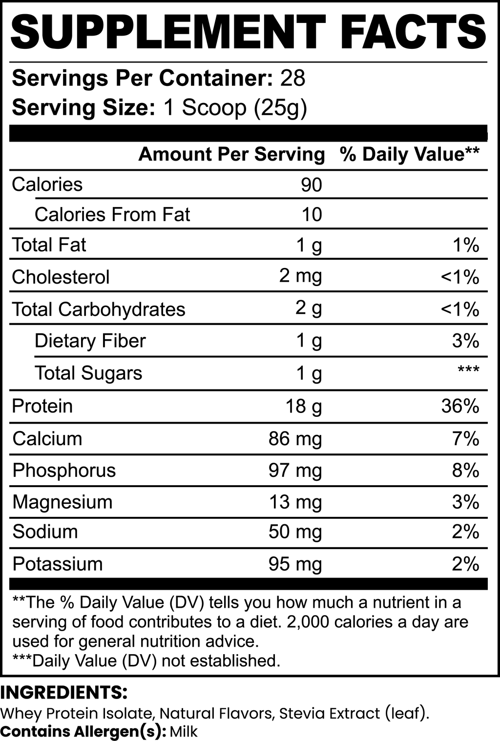 Nutrition label for a supplement product showing calories, fat, carbohydrates, protein, and other nutrients per serving.
