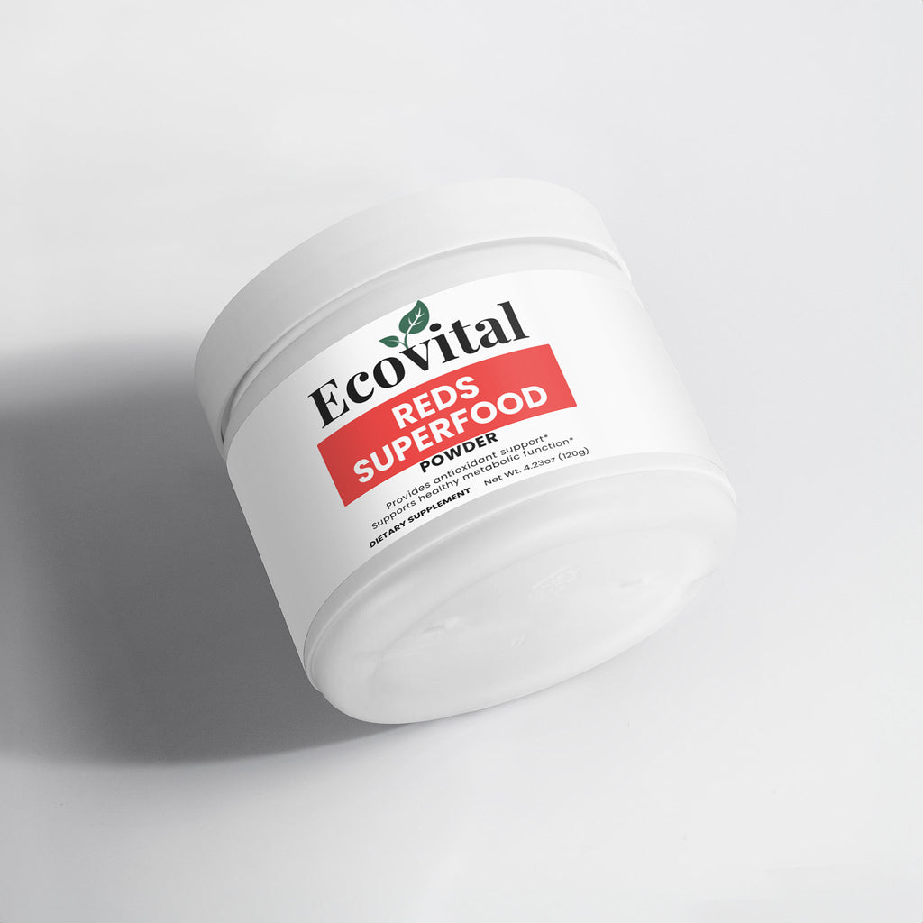 Jar of Ecovital Reds Superfood Powder on a light gray background