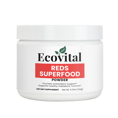 Jar of Ecovital Reds Superfood Powder on a white background