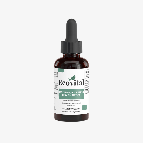 Bottle of Ecovital respiratory and lung health drops on a white background