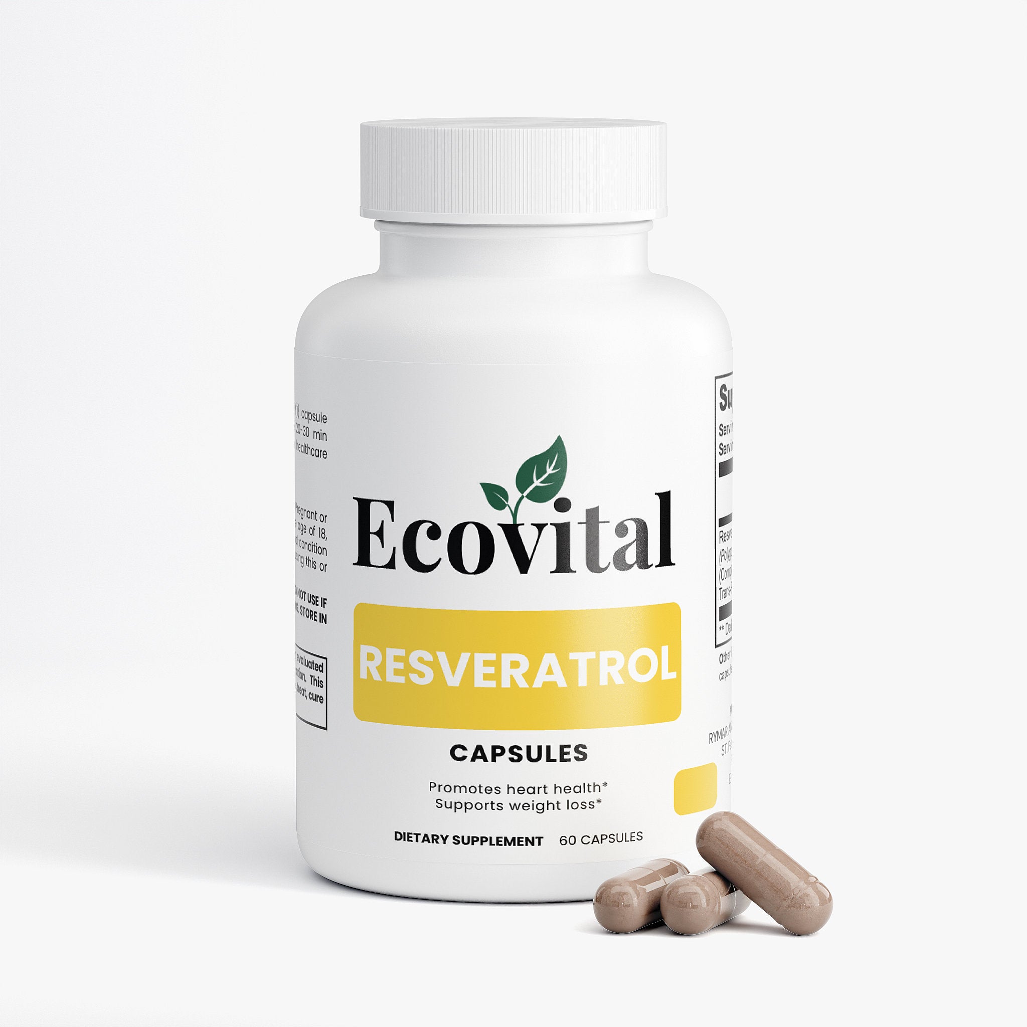 Ecovital Resveratrol capsules bottle with two capsules on a white background