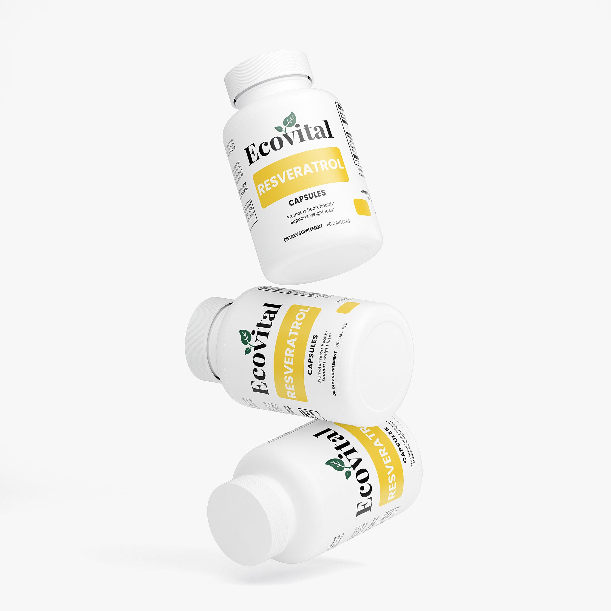 Three bottles of Ecovital Resveratrol capsules on a white background