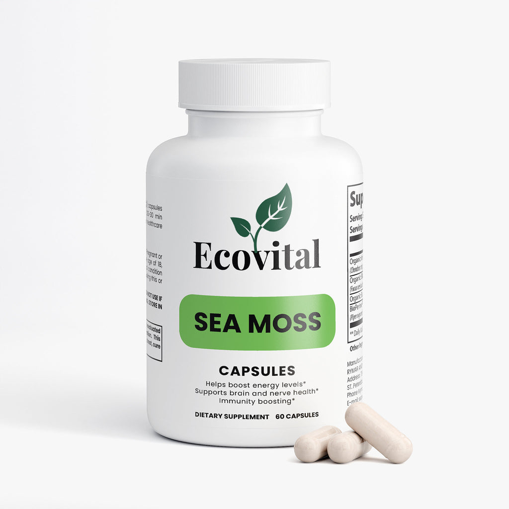 Ecovital Sea Moss capsules bottle with two capsules on a white background