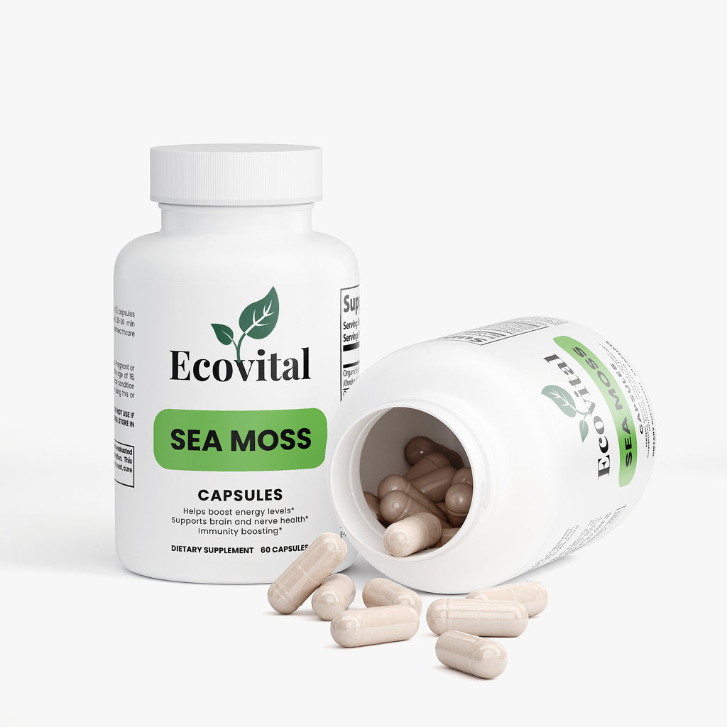 Ecovital Sea Moss capsules on a white background