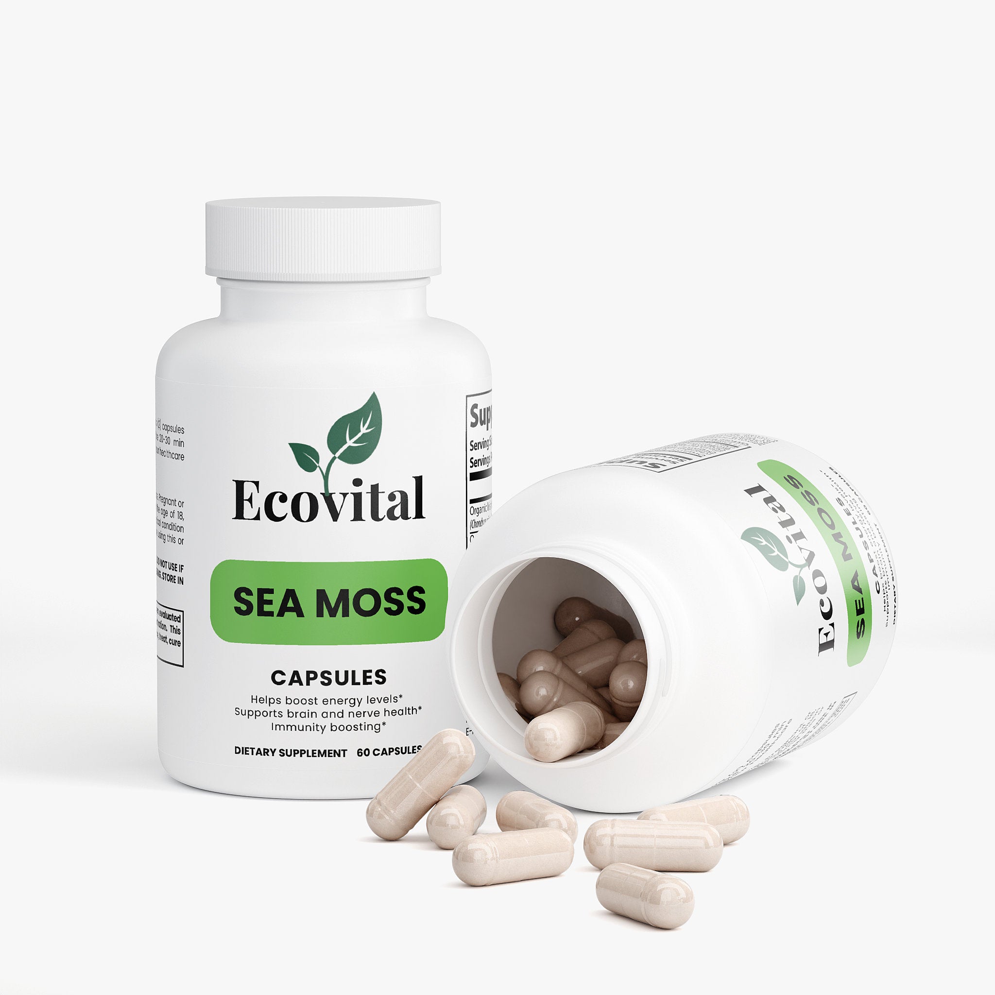 Ecovital Sea Moss capsules on a white background