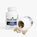 Ecovital Sleep Formula capsules with open bottle on a white background