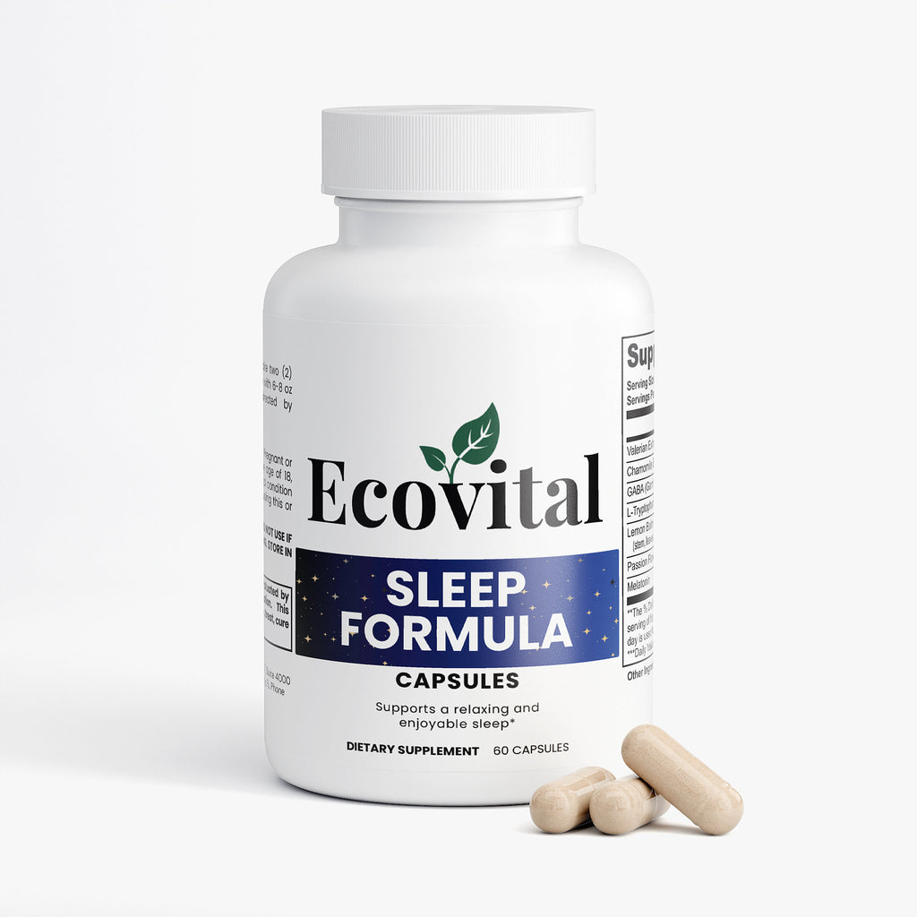 Ecovital Sleep Formula supplement bottle with capsules on a white background