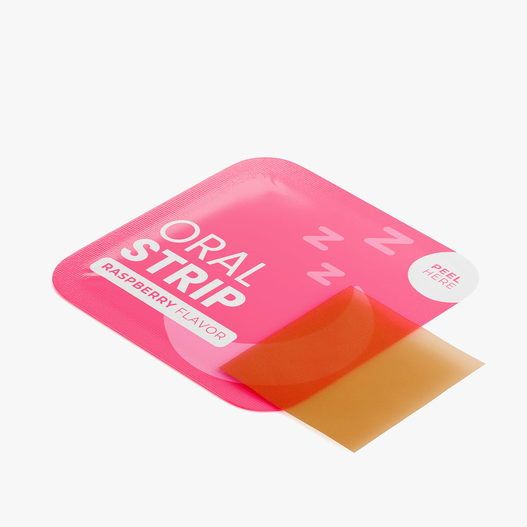 Pink packaging of an oral strip with a red strip inside on a white background