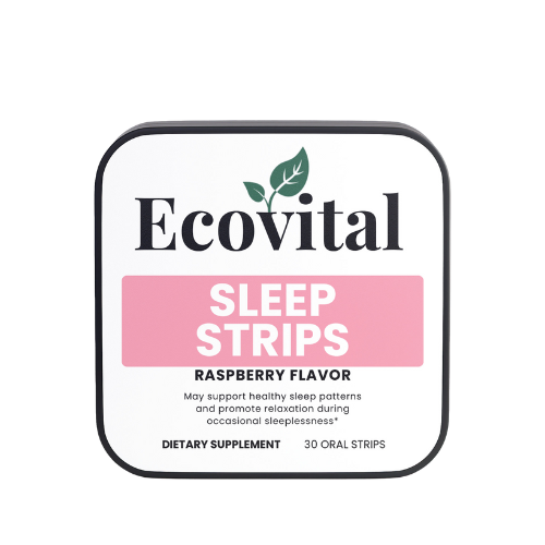 Ecovital Sleep Strips packaging with raspberry flavor on a white background