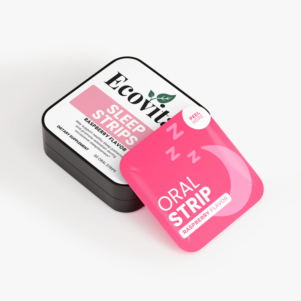 Pink oral strip packaging with 'Ecovit' branding on a white background