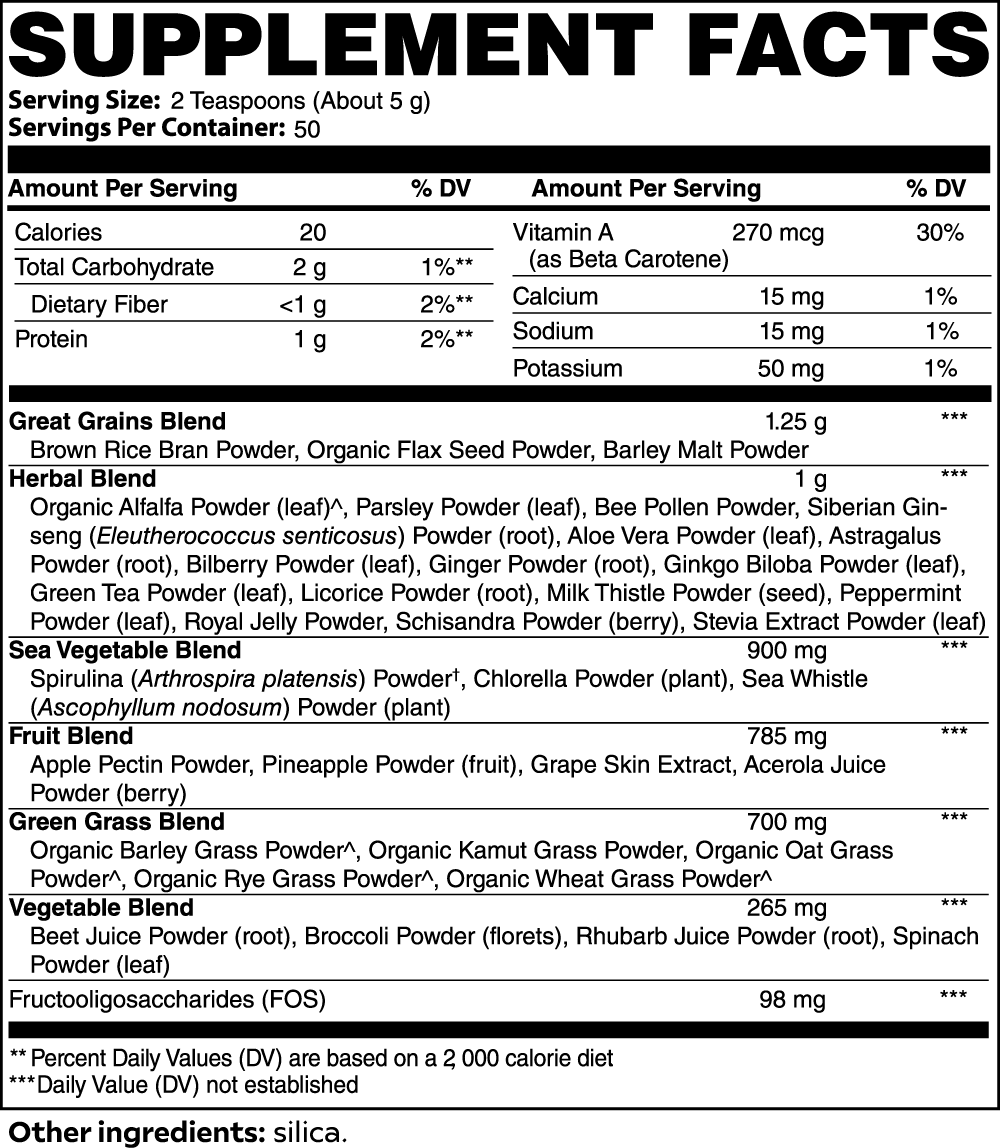 Supplement facts label with detailed nutritional information and ingredient list.