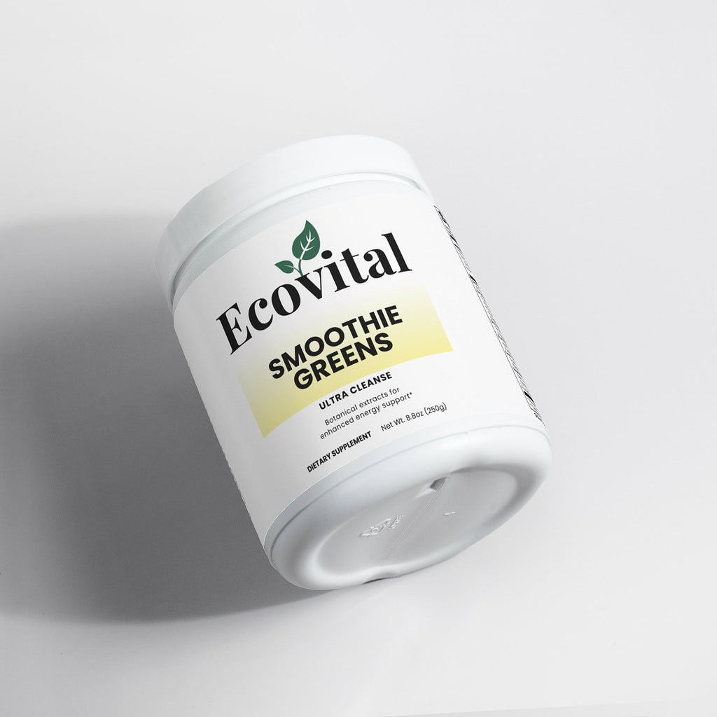 Container of Ecovital Smoothie Greens on a light gray background