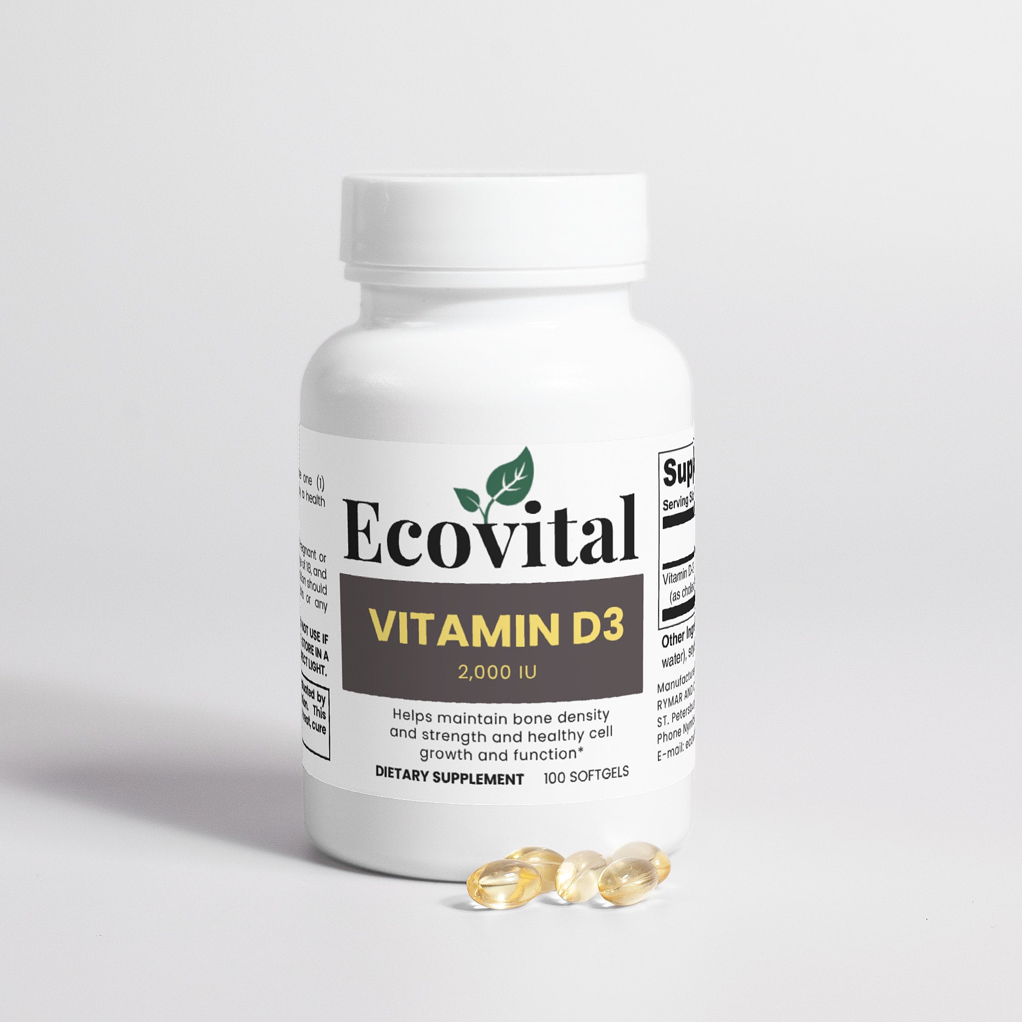 Ecovital Vitamin D3 supplement bottle with capsules on a light gray background