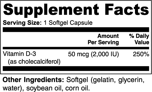 Supplement facts label for Vitamin D-3 capsules with serving size and ingredient information.