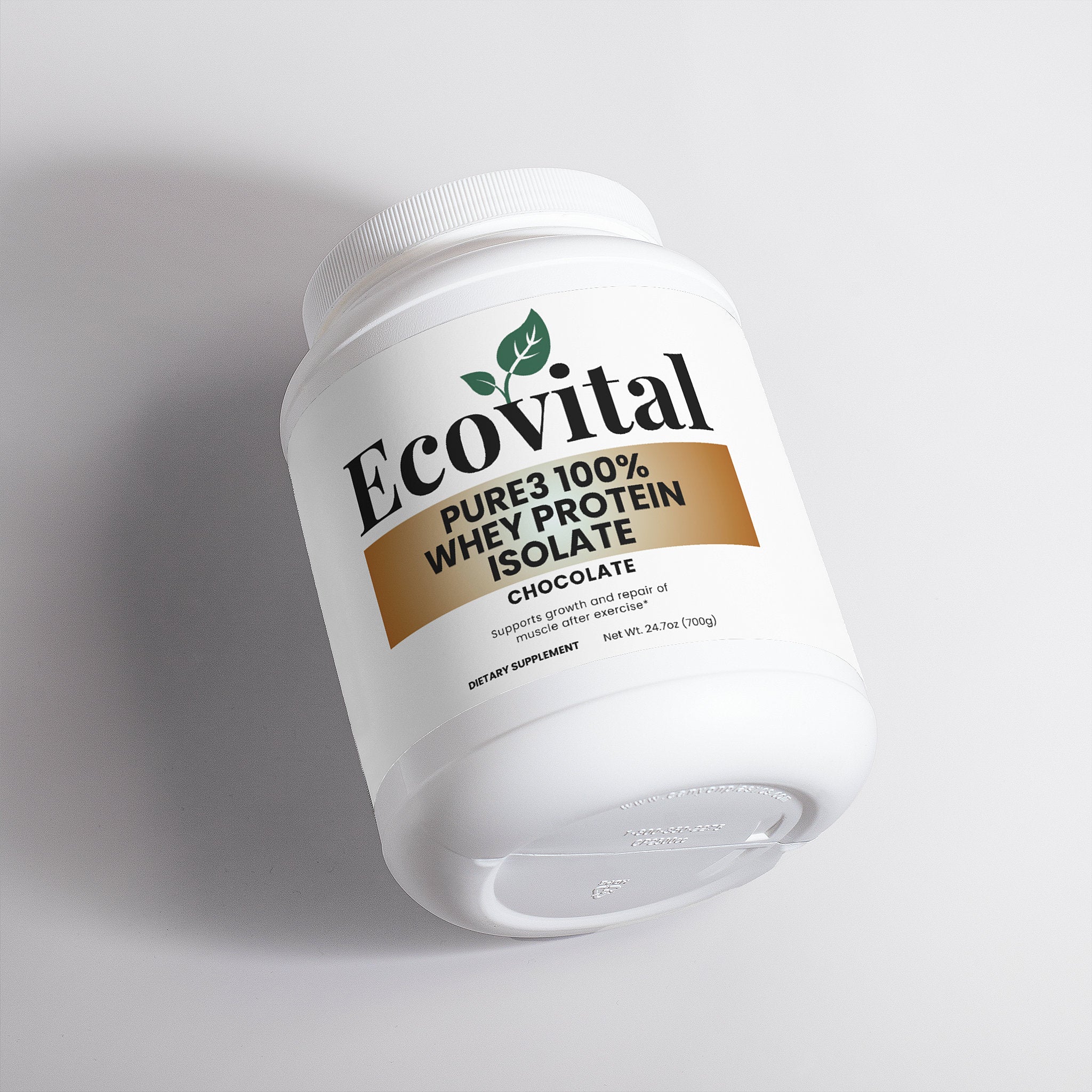 Ecovital whey protein isolate container on a light gray background