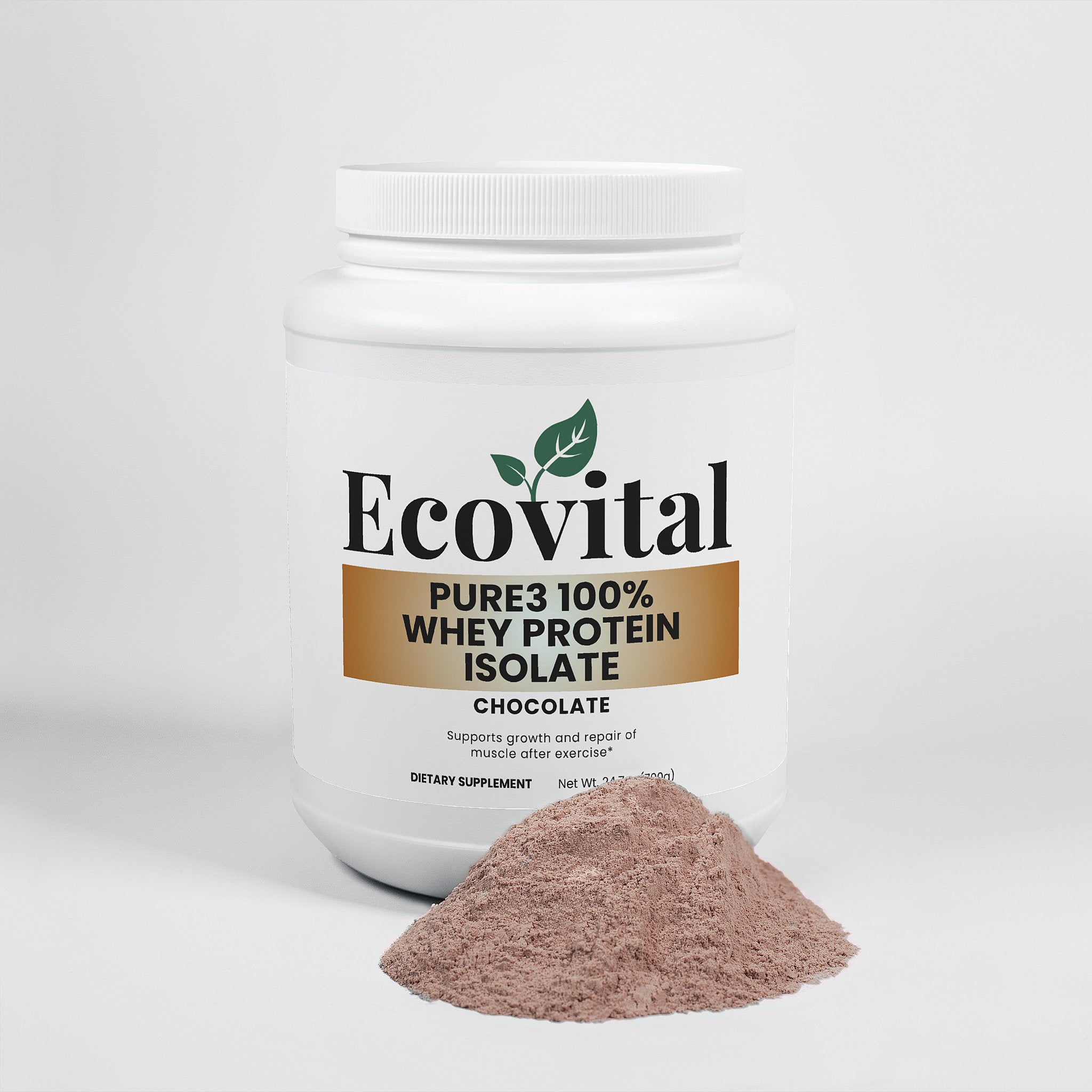 Ecovital Pure3 100% Whey Protein Isolate container with protein powder on a white background