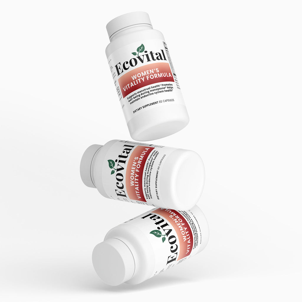 Three bottles of Ecovital Women's Vitality Formula on a white background