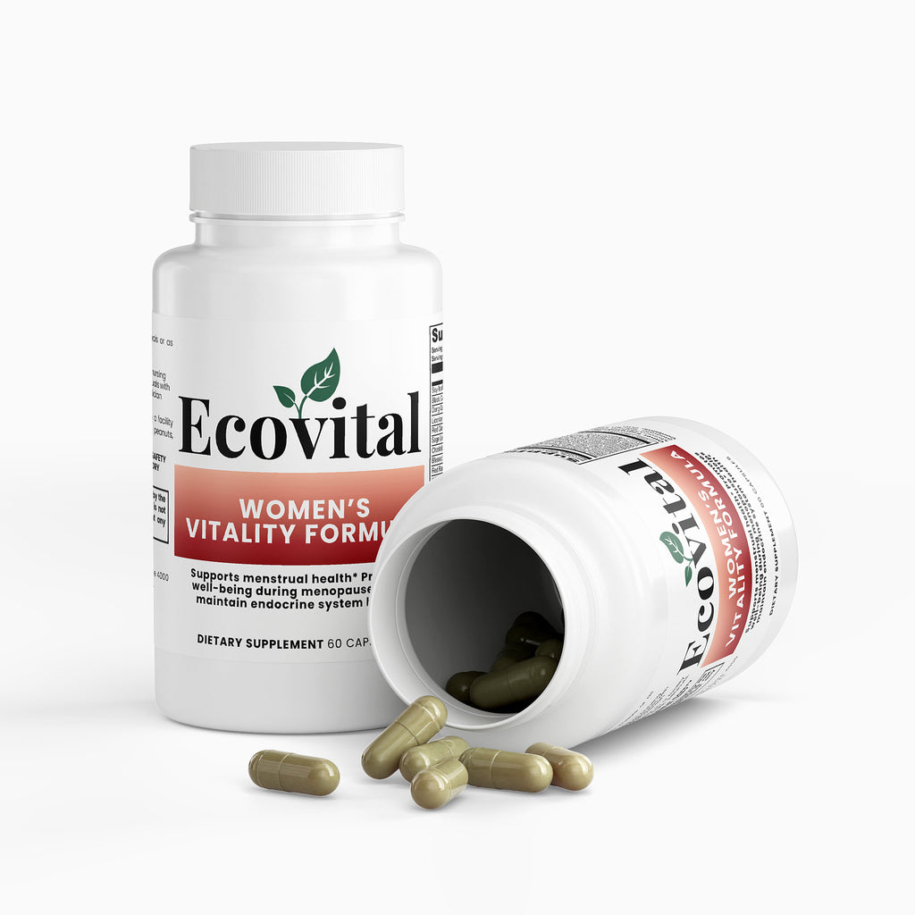 Ecovital women's vitality formula supplement bottle with open lid on a white background